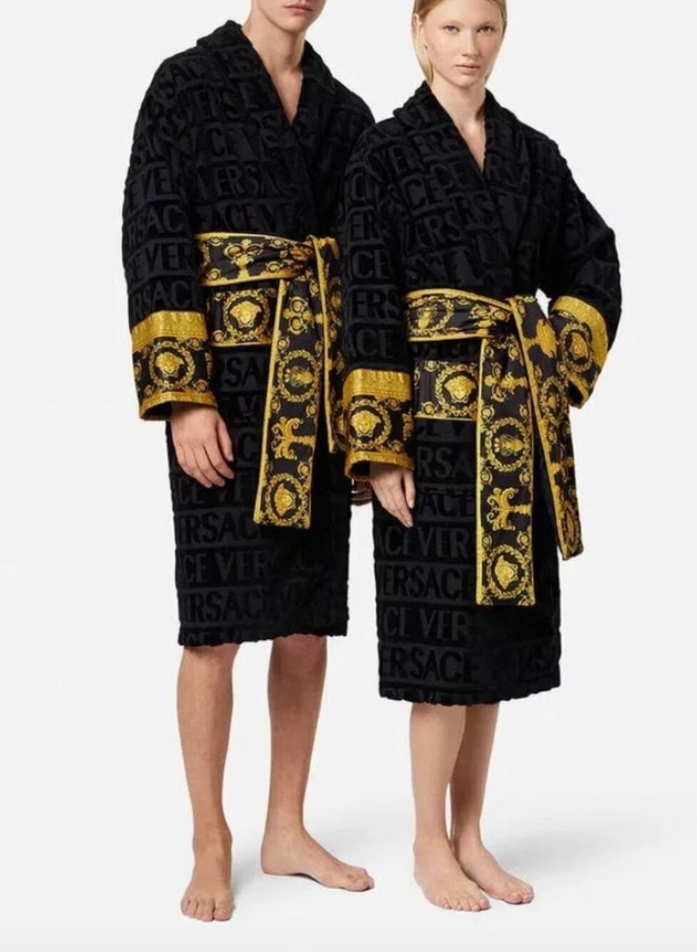 Versace Unisex Black Gold I Love Baroque Belted Bathrobe Size M